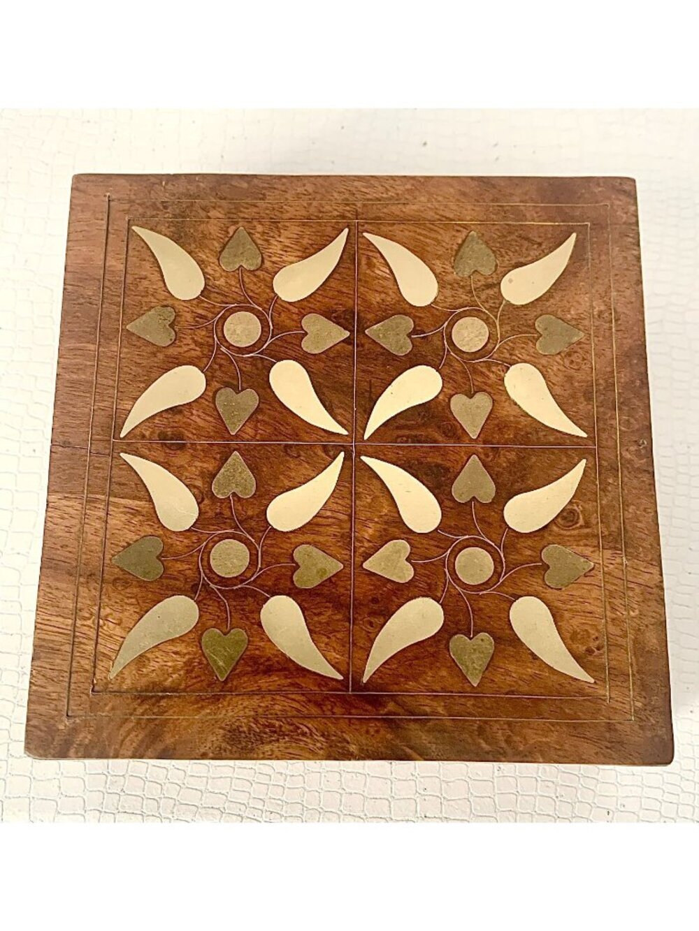 Handcrafted Wooden Box With Brass Inlays Decorative Lid Rustic Finish